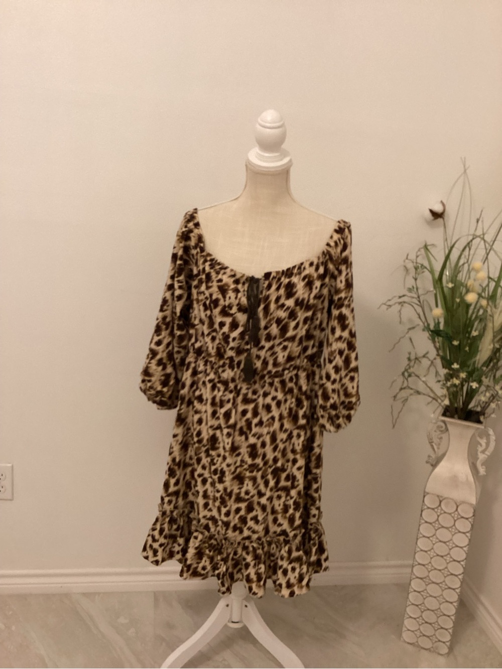 SHEIN Brown Leopard Print Off-Shoulder Mini Dress